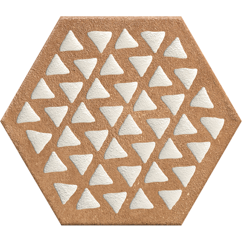 Porcelain tile Terracreta Intarsio Chamotte by Tilehouz, hex tile with white triangles on terracotta background
