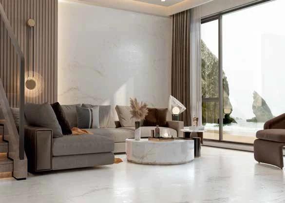 CRYSTAL WHITE POLISHED PORCELAIN TILE 24X48 in a modern living room setting