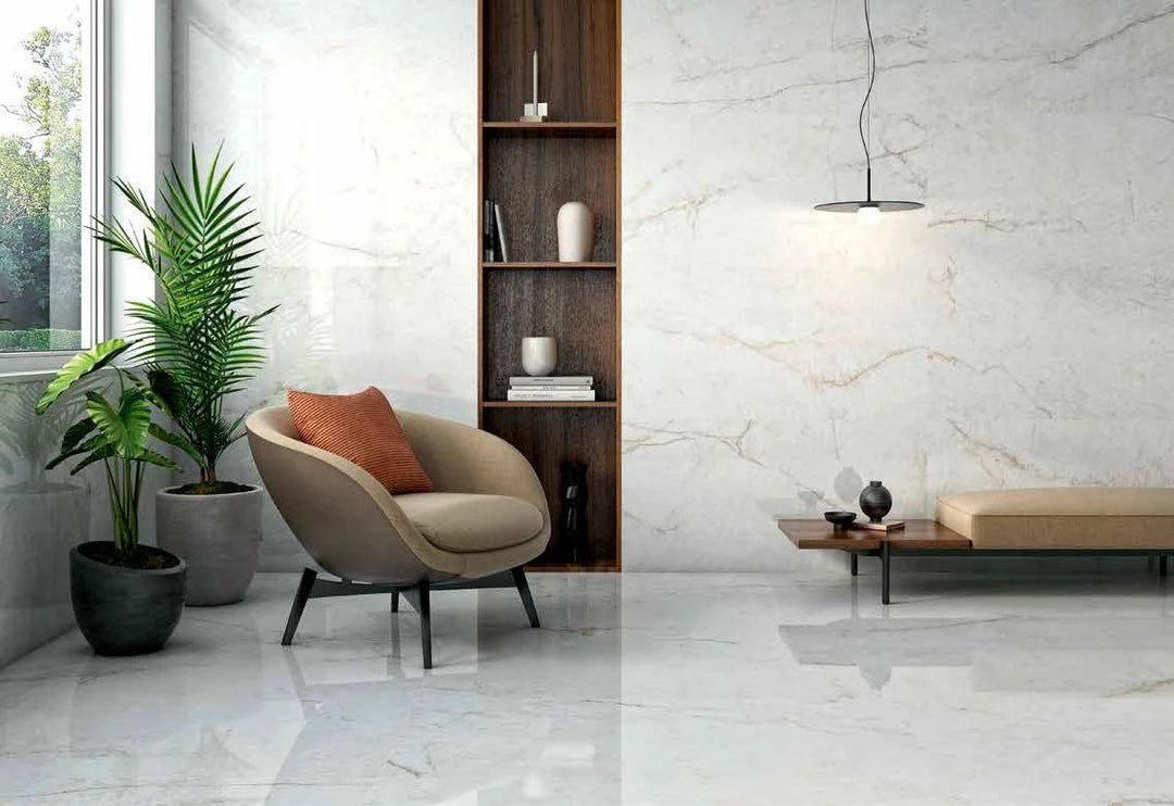 Crystal White polished porcelain tile 24x48 by Tilehouz, marble-look finish