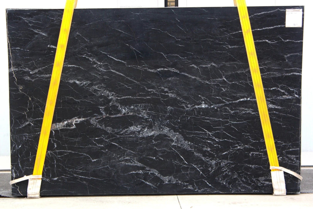 Tilehouz Noirblanc polished marble slab, 118 x 74, black with white veining, strapped for transport