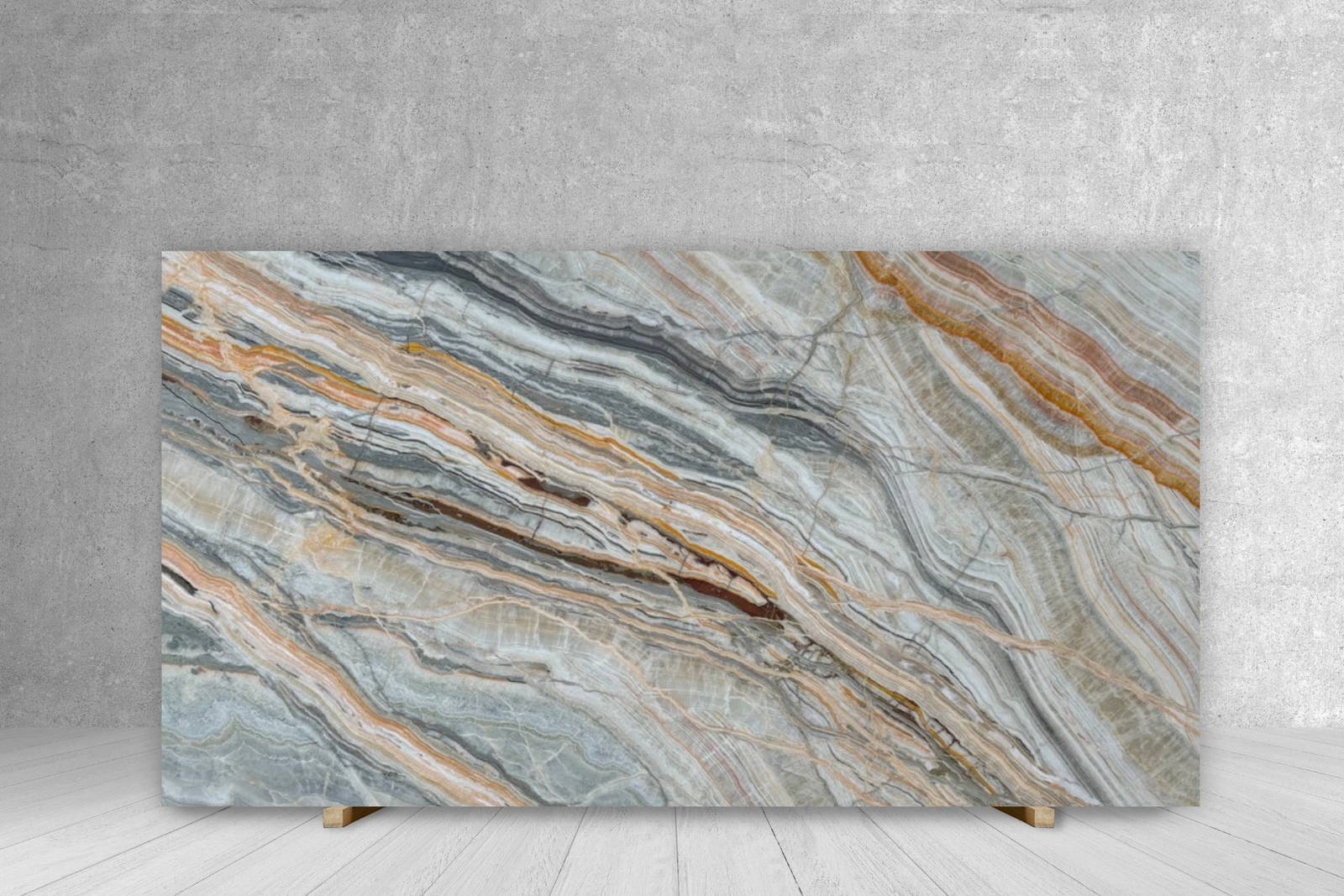 ONYX Slab Rainbow polished countertop Tilehouz, 3/4in thickness, grey and orange veining, 114 x 73