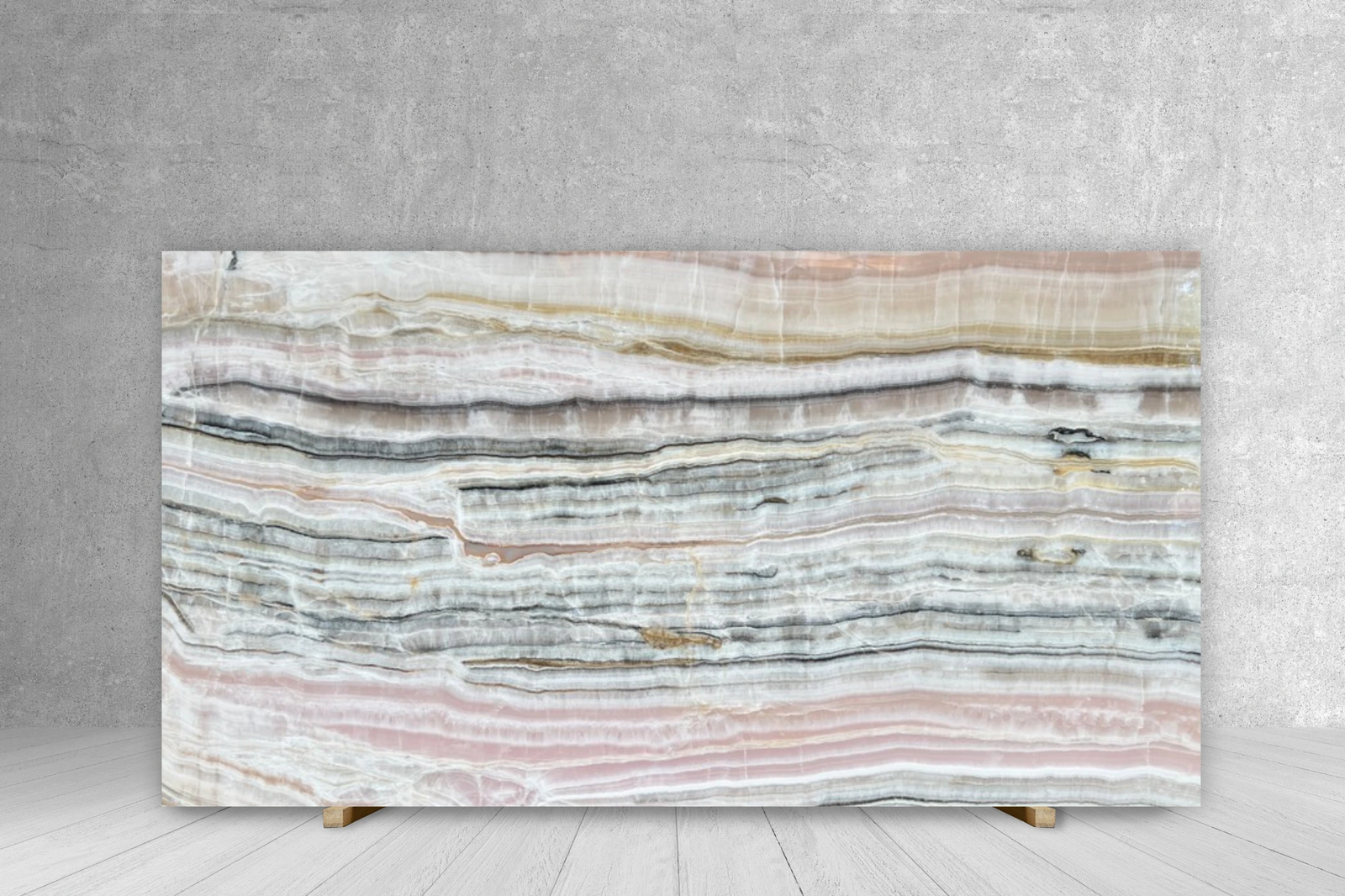 ONYX Rosa Fashion polished slab by Tilehouz for countertops; pink exotic bands, 106 x 49 cm