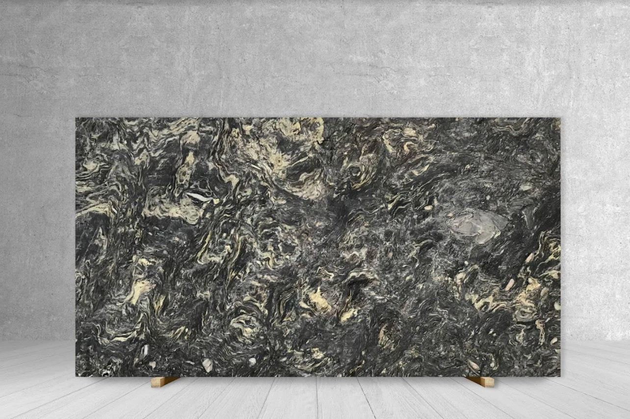 Quartzite Fusion Wow Dark polished slab by Tilehouz, exotic countertop slab with gold veining, 118x76, 3/4 in