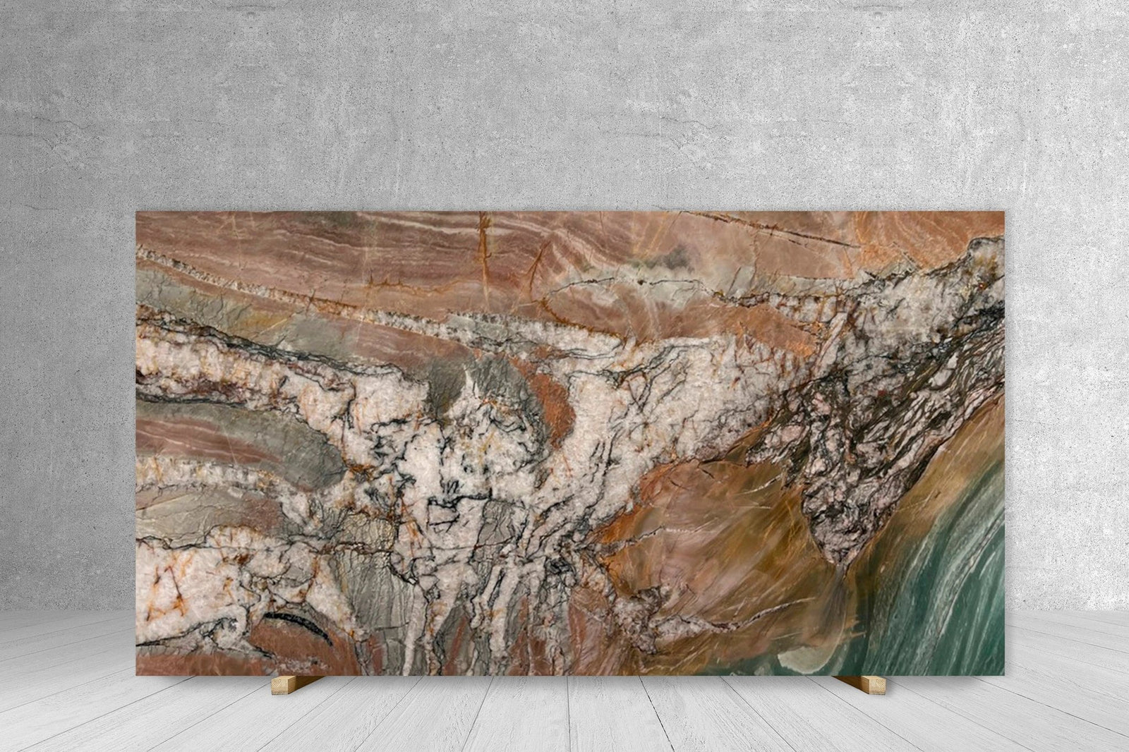 Quartzite slab by Tilehouz, Four Seasons polished countertop with pink, gray, and green veining, 122 x 75