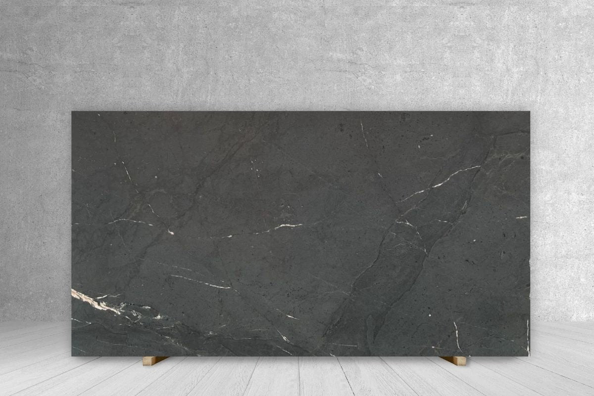 Quartzite Obsidian Leather slab countertop by Tilehouz, dark charcoal with white veining, 125 x 79