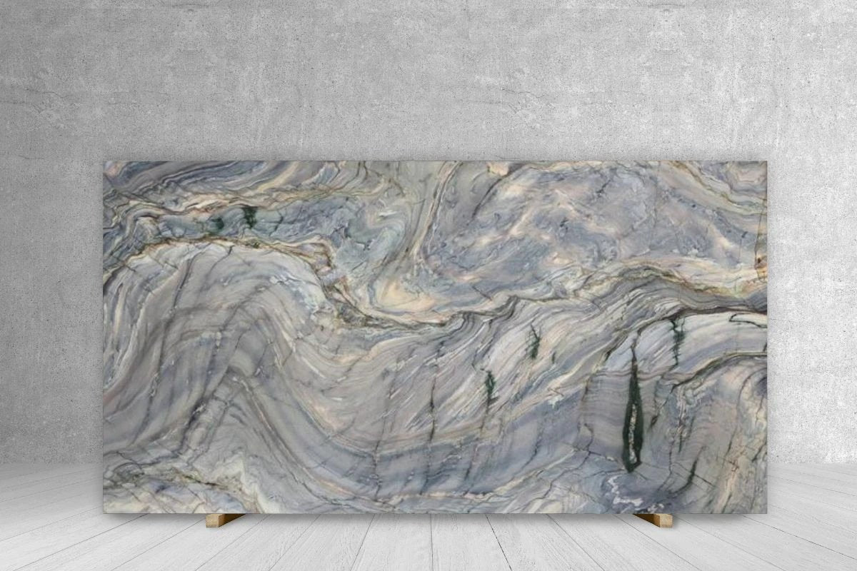 Quartzite Explosion Blue polished slab countertop with swirling blue-gray veining, 130 x 77.