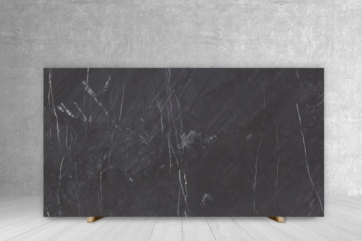 Quarzite Nera polished countertop slab by Tilehouz, dark charcoal with white veining, 118x78 cm dimensions