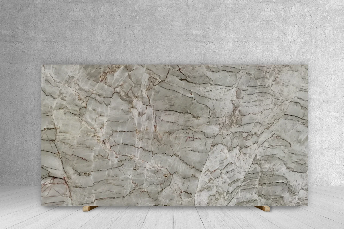 Quarzite Slab, Tilehouz polished countertop, gray/white with brown veining, 128 x 74