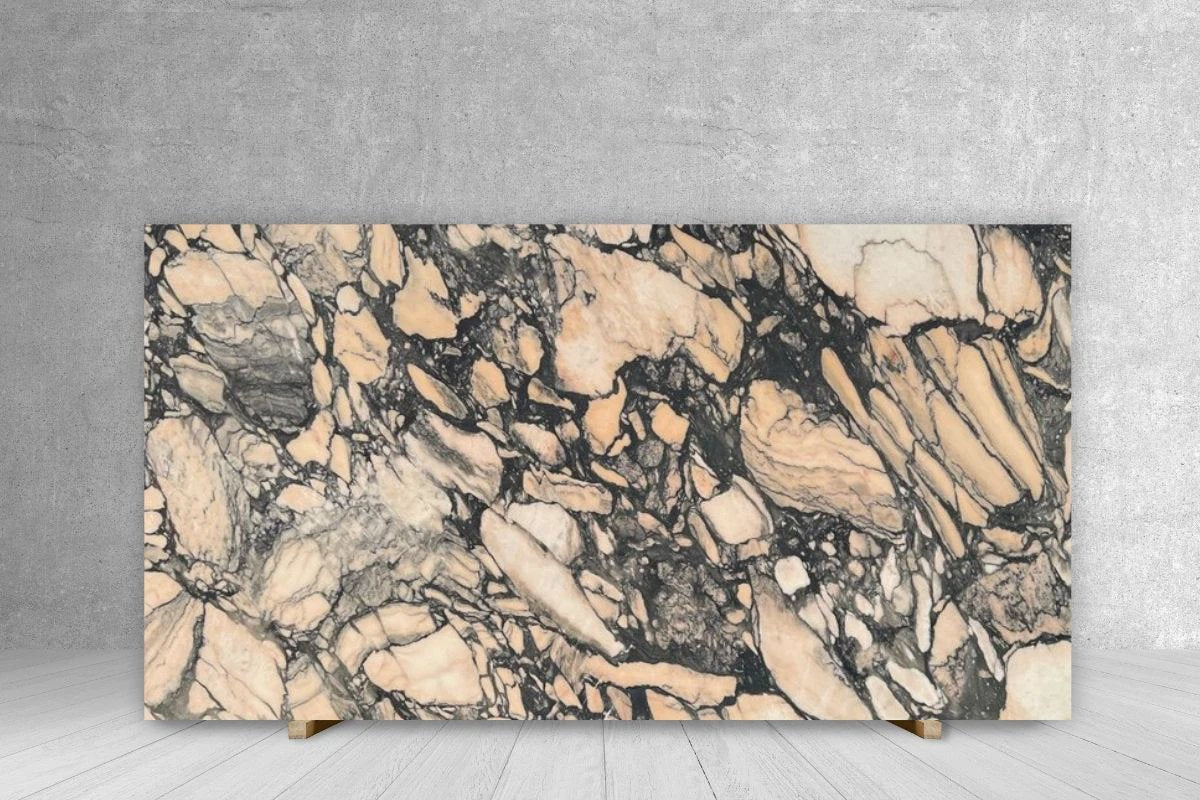 Marble slab Calacatta Viola Rose, honed finish, beige with dark veining, Tilehouz countertop 116 x 56