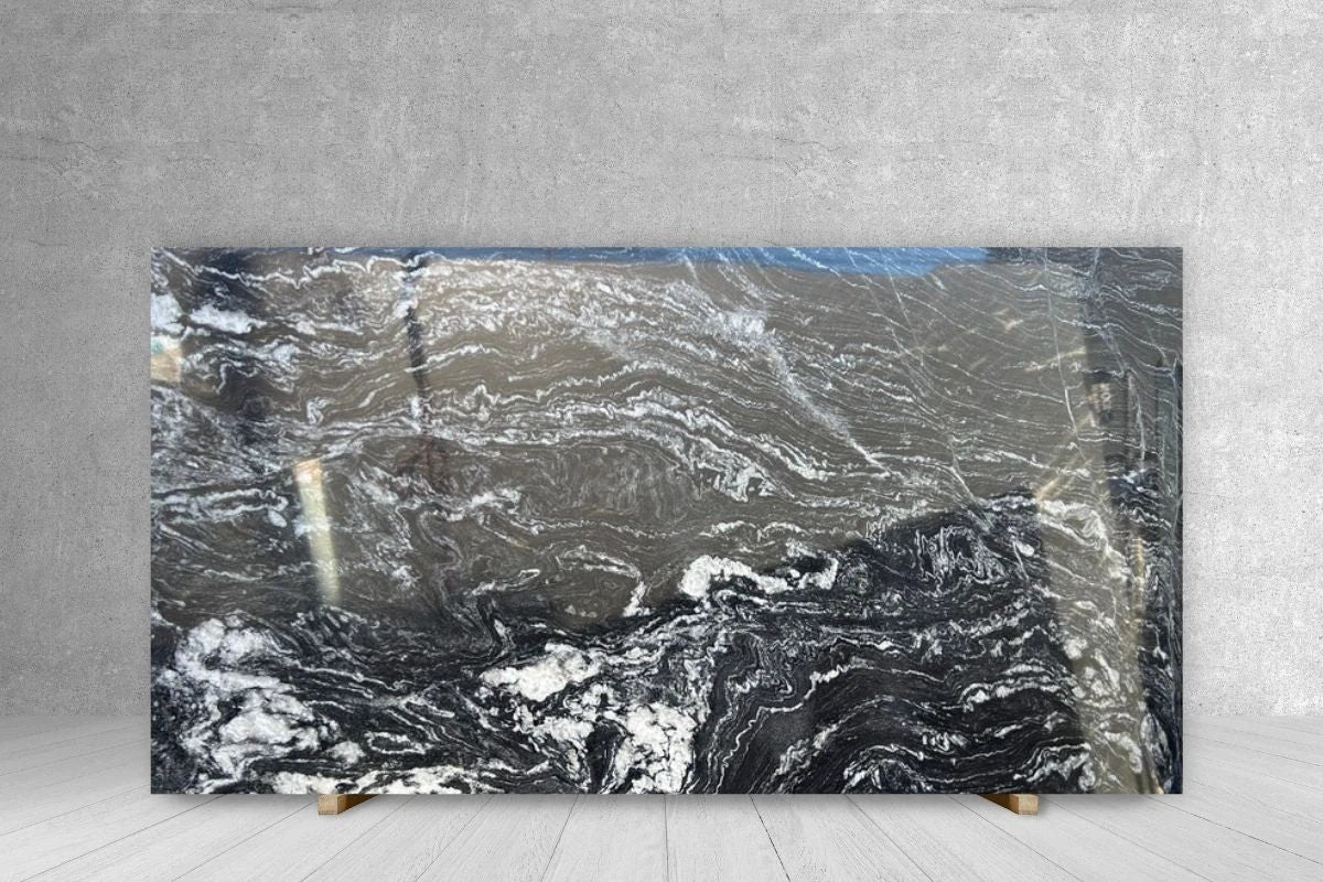 Granite Slab, Black River pattern, polished finish by Tilehouz, 125 x 72 countertop slab.