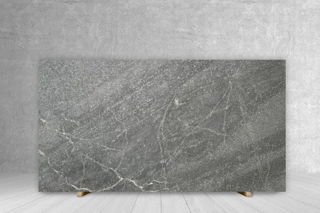 Soapstone premium honed slab, gray countertop with white veining, 128 x 76 cm, 3 cm thick.