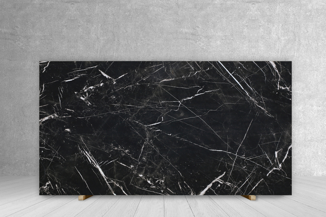 STATUARIO NERO TECH porcelain slab, side A, 1/2-in polished, black with white veining for countertops, 127 x 63 cm