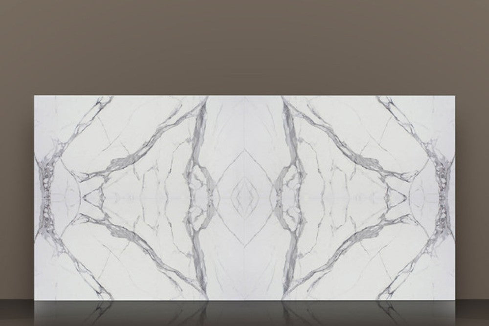 STATUARIO EXTRA TECH porcelain slab 1/2in thick by Tilehouz, white with gray veining, 127x63, polished