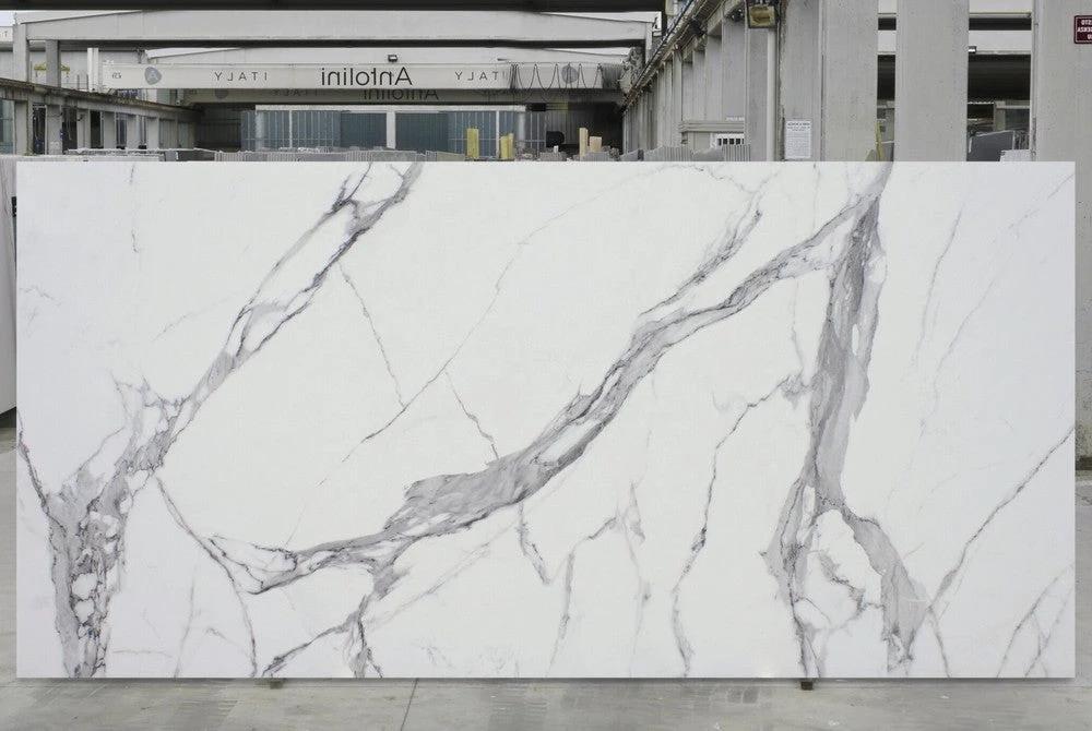 STATUARIO EXTRA TECH porcelain slab, satin finish, white with bold gray veining, Tilehouz 126 x 63