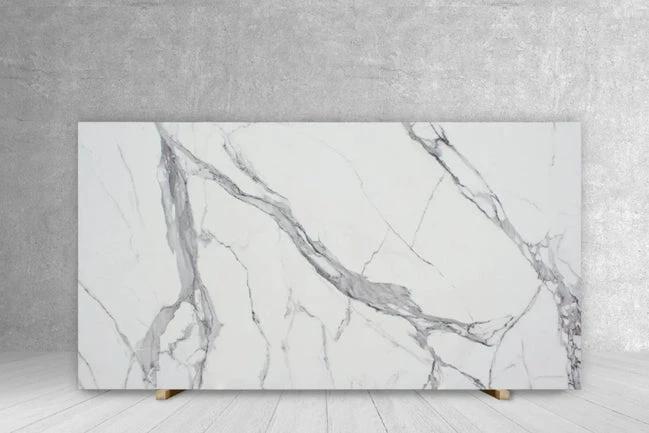 STATUARIO EXTRA TECH porcelain slab, 1/2 in satin finish, white with gray marble veins, 126x63 cm, Tilehouz.