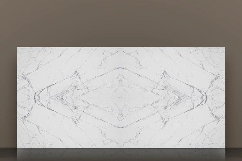Statuario Fantastico porcelain slab by Tilehouz, polished white with gray veining, countertop 127 x 64
