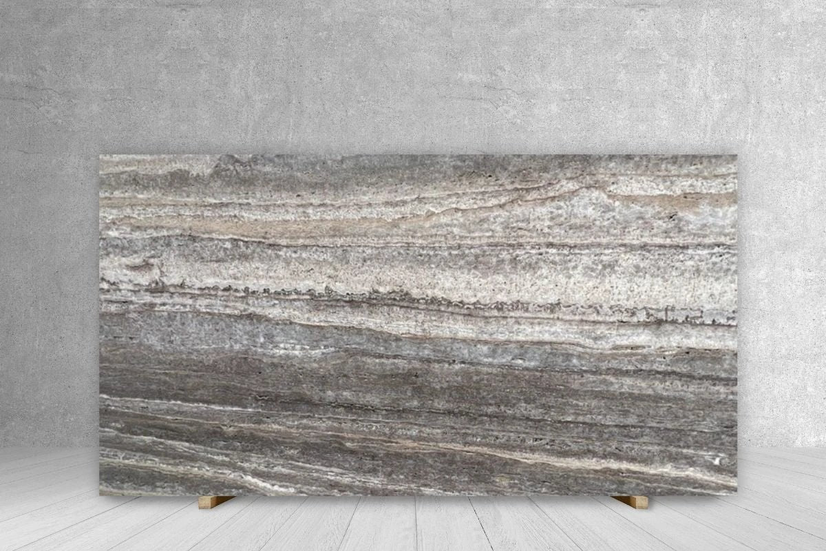 Tilehouz travertine slab, silver honed unfilled, 3/4 in, 104 x 64 in countertop slab.