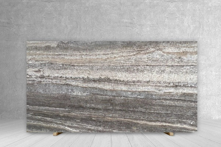 Tilehouz travertine slab, silver honed unfilled, 3/4 in, 104 x 64 in countertop slab.