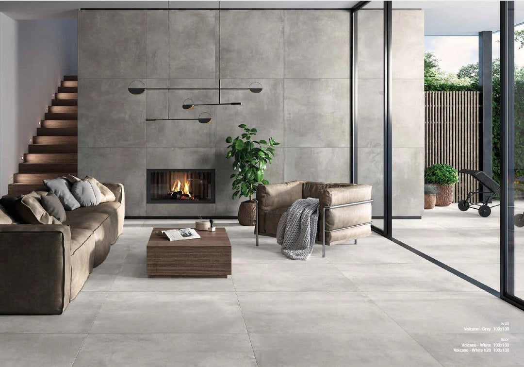 Volcano Grey porcelain tile 12x24 by Tilehouz for floors and walls in a modern living room.