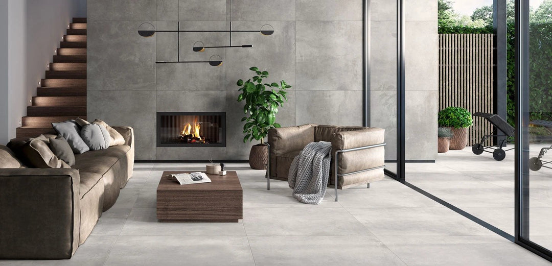 Volcano White porcelain tile, 24x48; light gray wall and floor tiles in a modern living room.