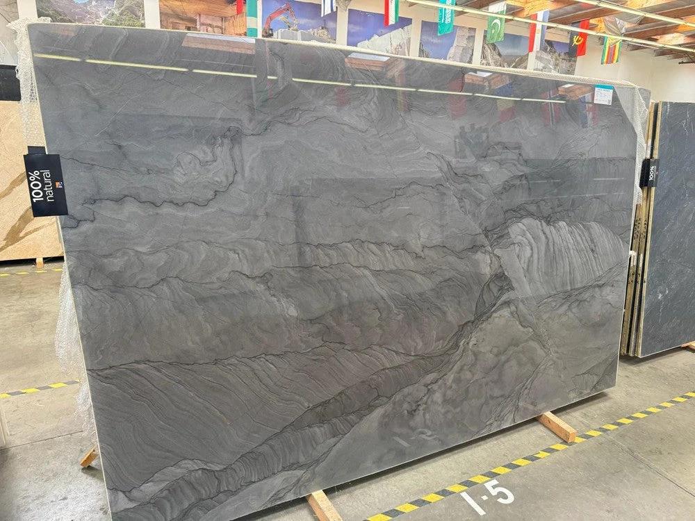 Quartzite Metallo polished slab, dark gray with bold veining; 123 x 77, 3/4 in thickness