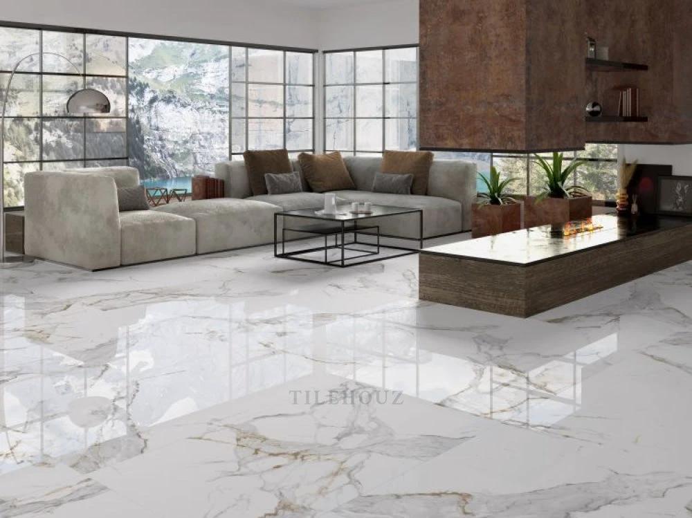 Aeris Gold polished porcelain tile, 24x48, white marble-look with gold veining, Tilehouz.
