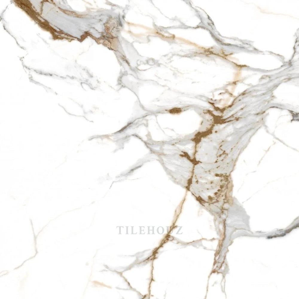 Aeris Gold polished porcelain tile 48x48, white with gold-brown veining by Tilehouz