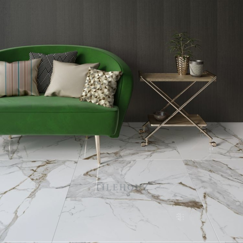 Aeris Gold Polished 48 x 48 porcelain tile by Tilehouz; white with gold veining, polished finish