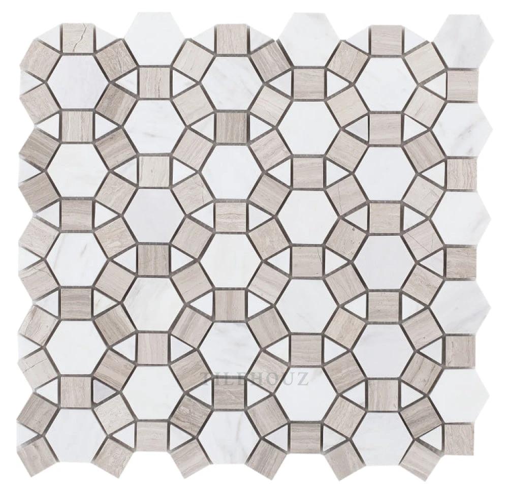 Aether Loft 11.5 x 12 Volakas & Haisa Marble mosaic tile sheet in white and beige Tilehouz