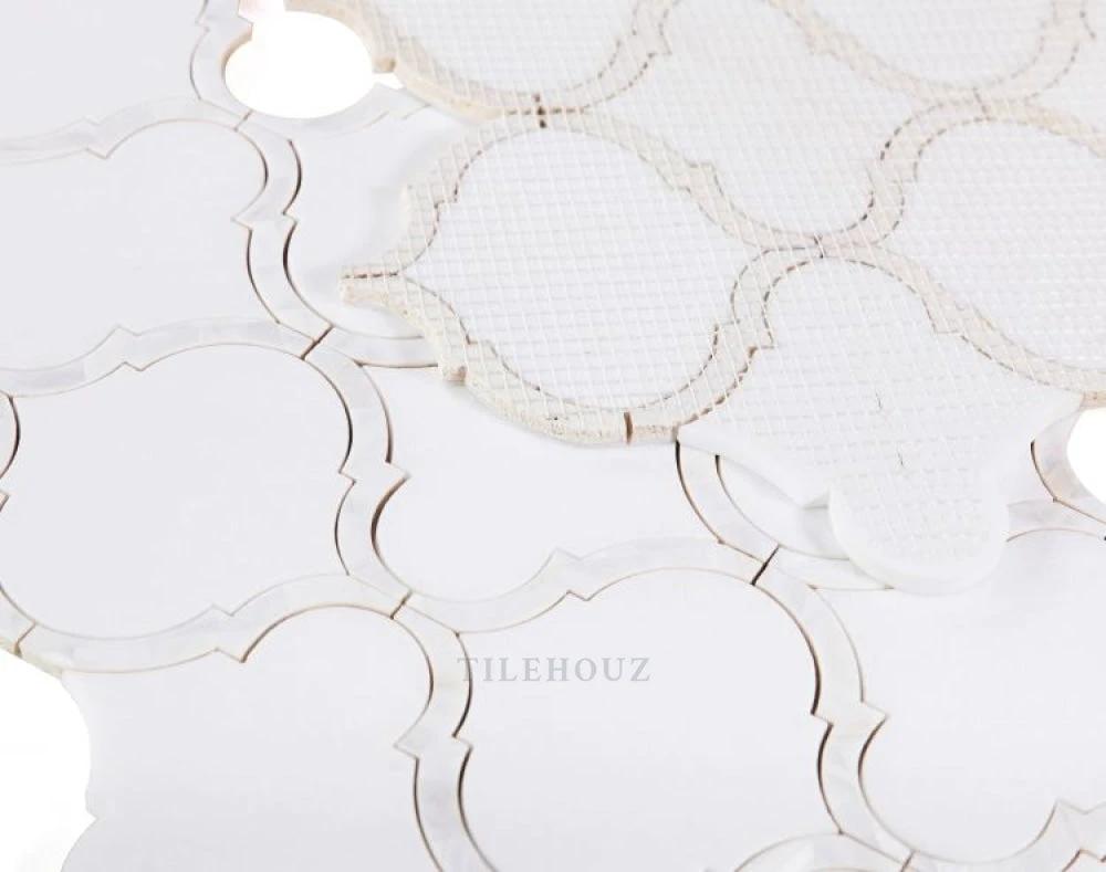 Tilehouz Alice Pearl Thassos mosaic tile, white marble and pearl, interlocking circular shapes, 11.5x12