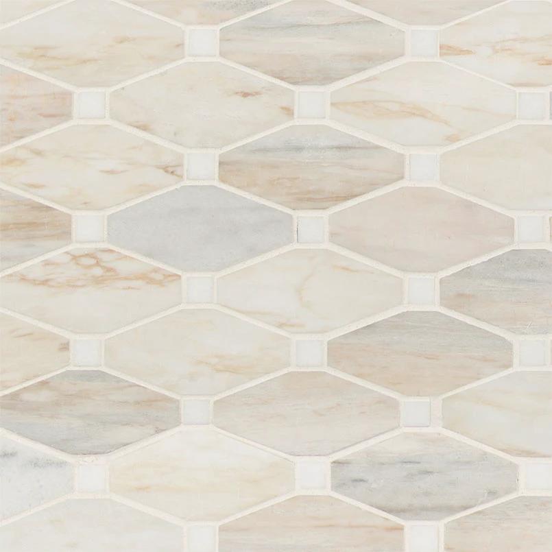 Angora Marble Polished Elongated Octagon Mosaic tile by Tilehouz; light veined beige marble for walls