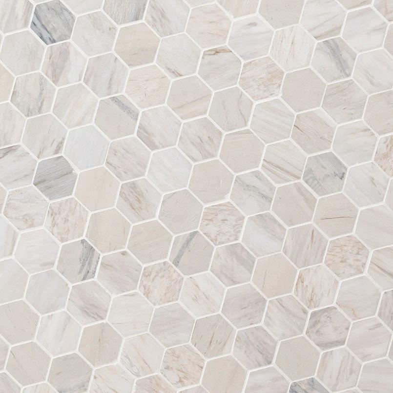 Angora Marble 2-inch Hexagon Mosaic tile sheet; polished marble for walls & ceilings by Tilehouz.