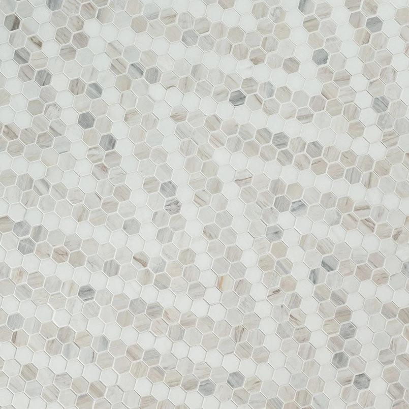 Angora Marble Sazi Polished 1-inch Hexagon Mosaic tile for walls and ceilings in light gray and beige tones