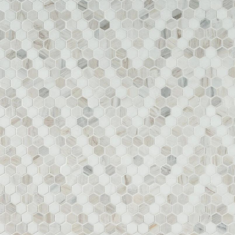 Angora Marble Sazi polished 1 inch hexagon mosaic tile for walls and ceilings; cream with gray veining.
