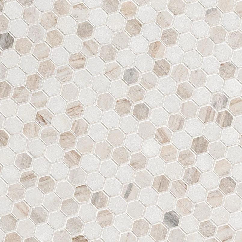 Marble Angora polished 1-inch hexagon mosaic tile by Tilehouz for walls.