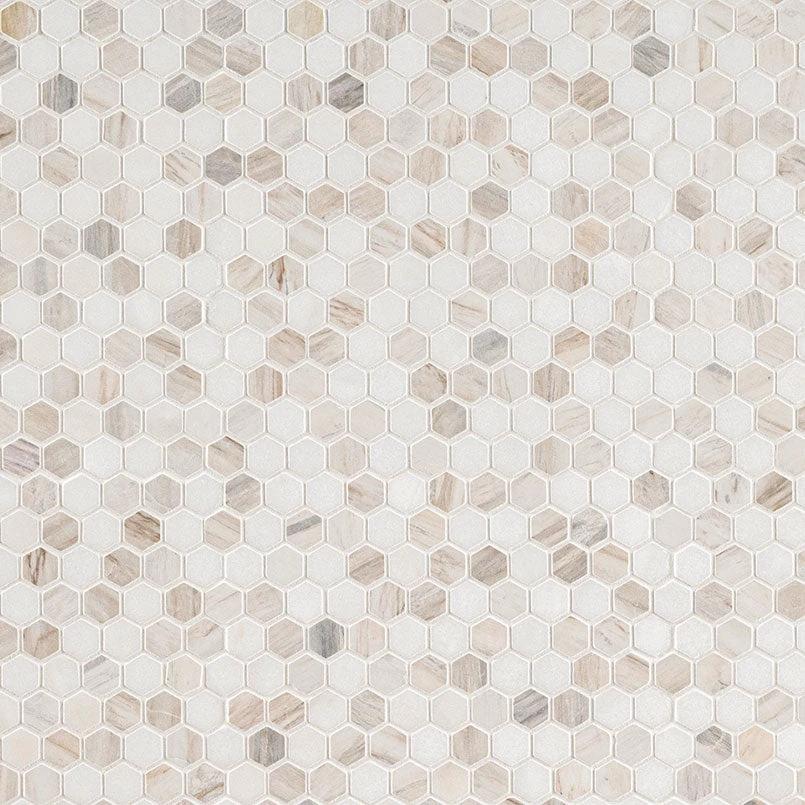 Angora Marble Tibi 1-inch Hexagon Mosaic tile; polished beige/cream marble for walls and ceilings by Tilehouz.