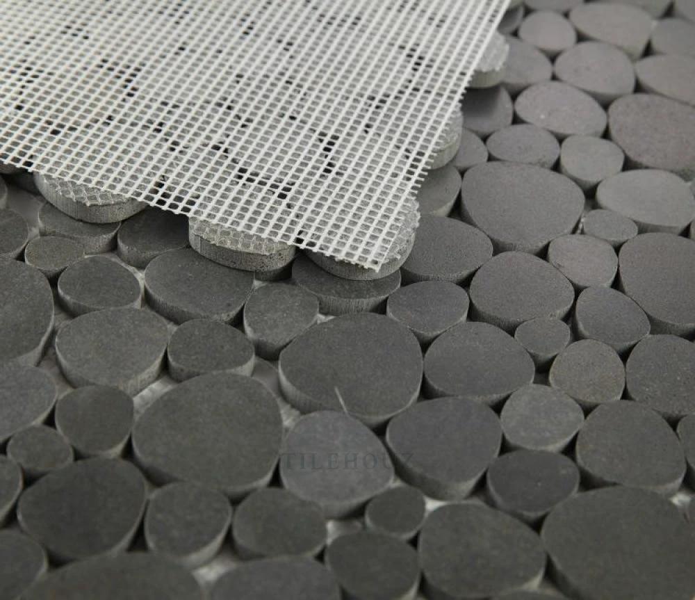 Black Basalt Stone Aphrodite Mosaic tile; mesh-backed round disc mosaic by Tilehouz for wall & ceiling tile.