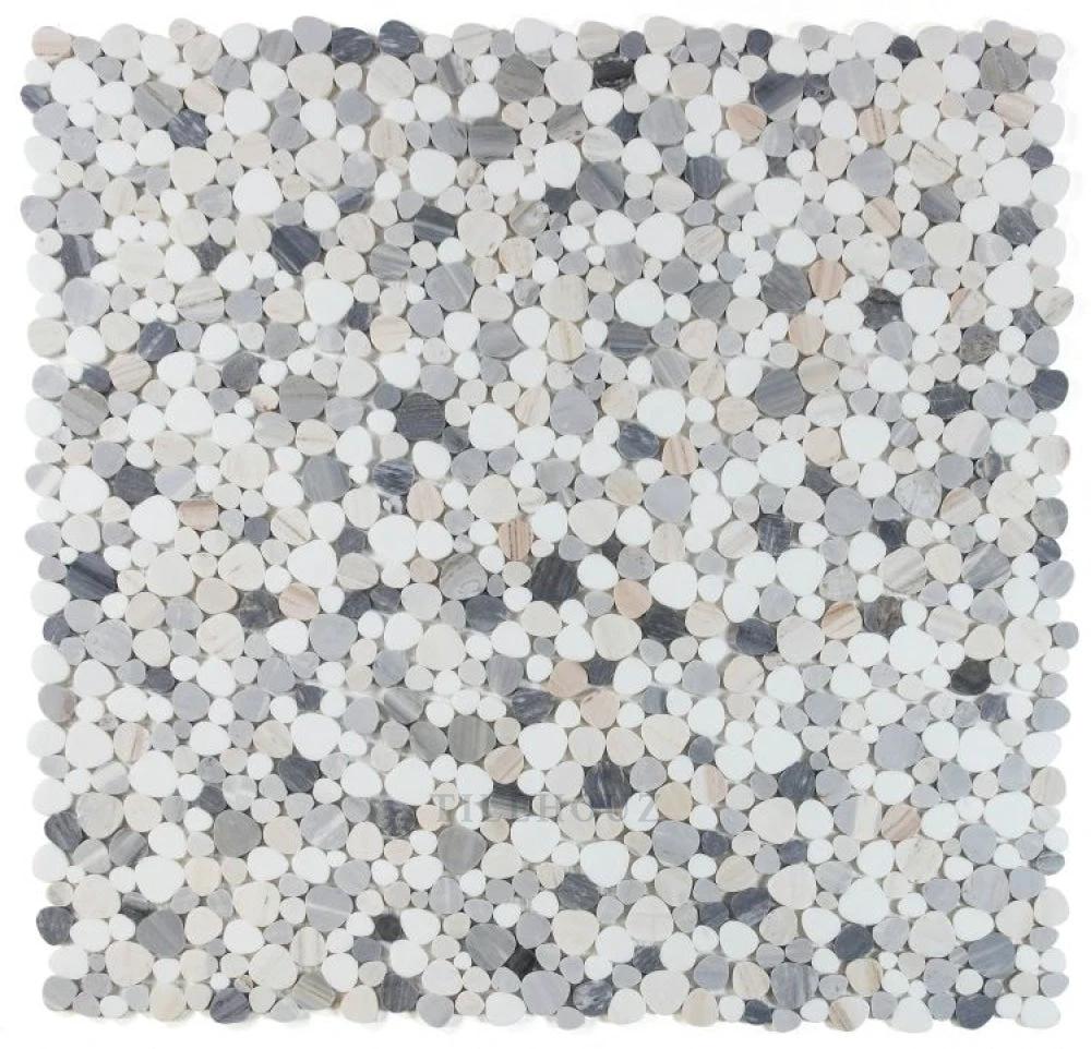 Tilehouz Aphrodite Beach 12x12 marble mosaic tile in white gray beige pebble discs