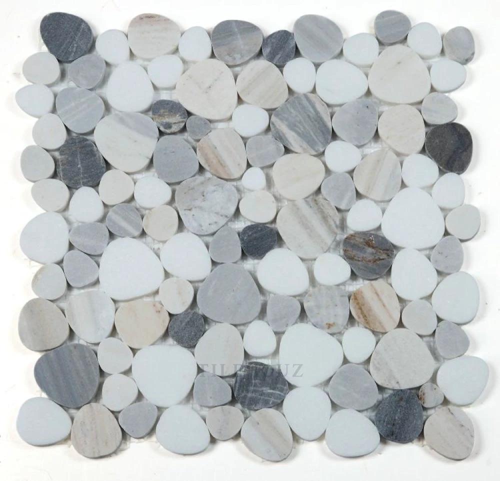 Aphrodite Beach 12x12 marble mosaic sheet with pebble-style gray, white, and beige stones