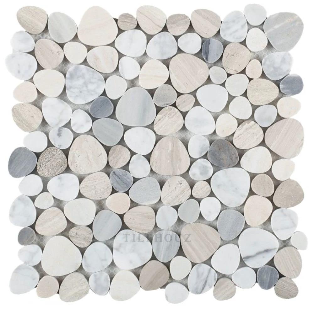 Aphrodite Blue 12x12 marble mosaic wall tile by Tilehouz; round pebble-cut blue-gray and white marble pieces.