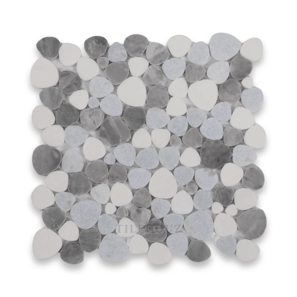 Tile: Aphrodite Blue Ocean 12x12 Marble Mosaic by Tilehouz; gray-blue pebble wall tile sheet