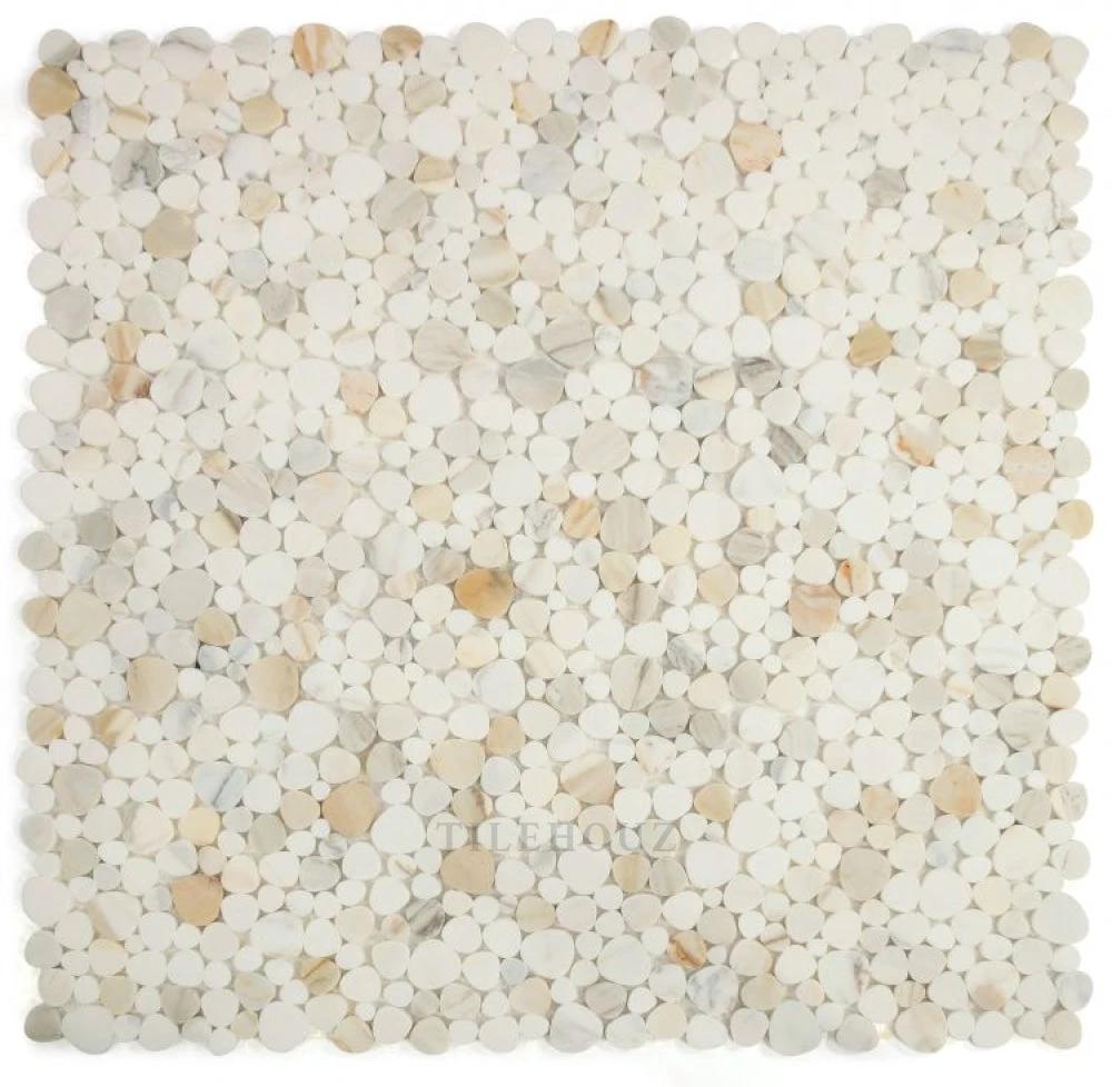 Aphrodite Calacatta Gold honed marble mosaic tile, 12x12, round pebble pattern by Tilehouz