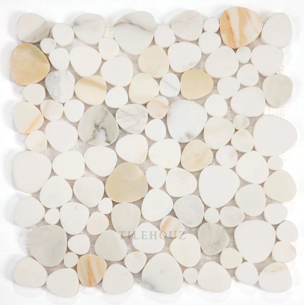 Aphrodite Calacatta Gold marble mosaic by Tilehouz, 12x12 honed circular pebble wall tile