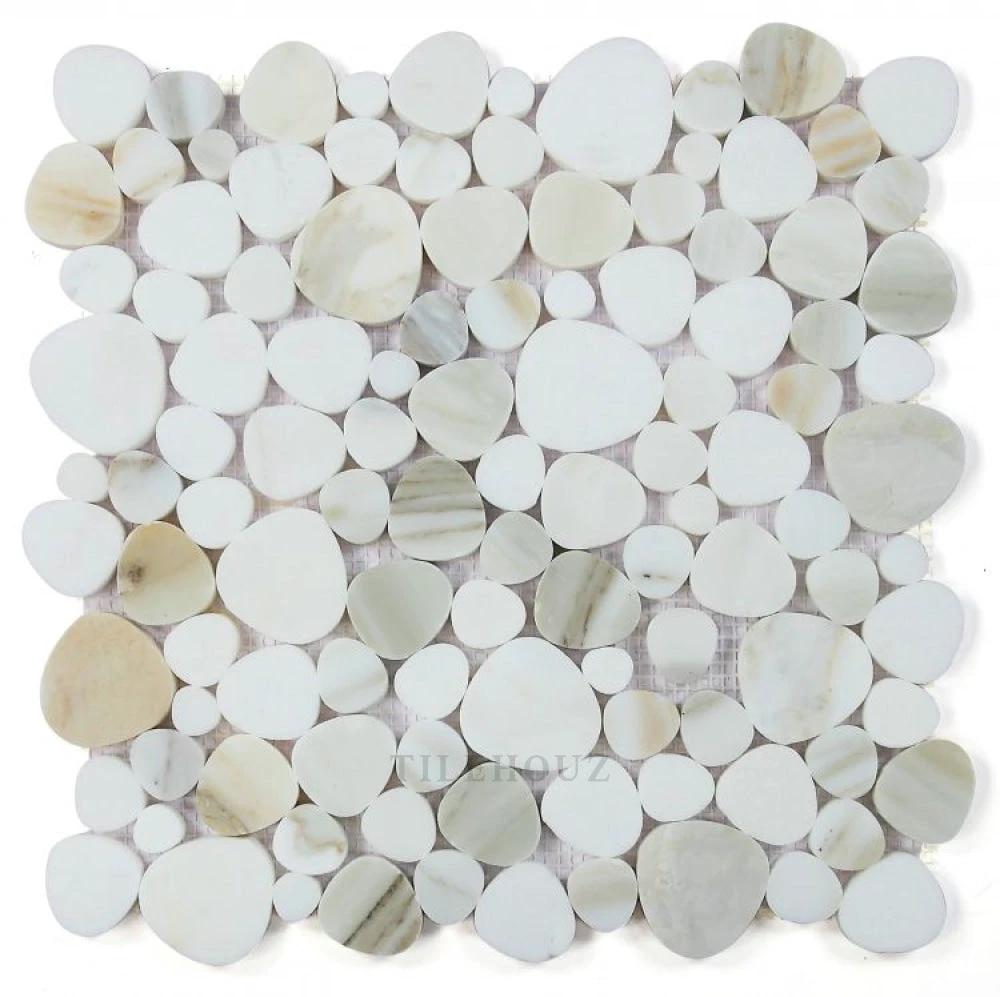 Aphrodite Calacatta Gold polished marble mosaic, round disc tiles, 12x12 wall tile by Tilehouz
