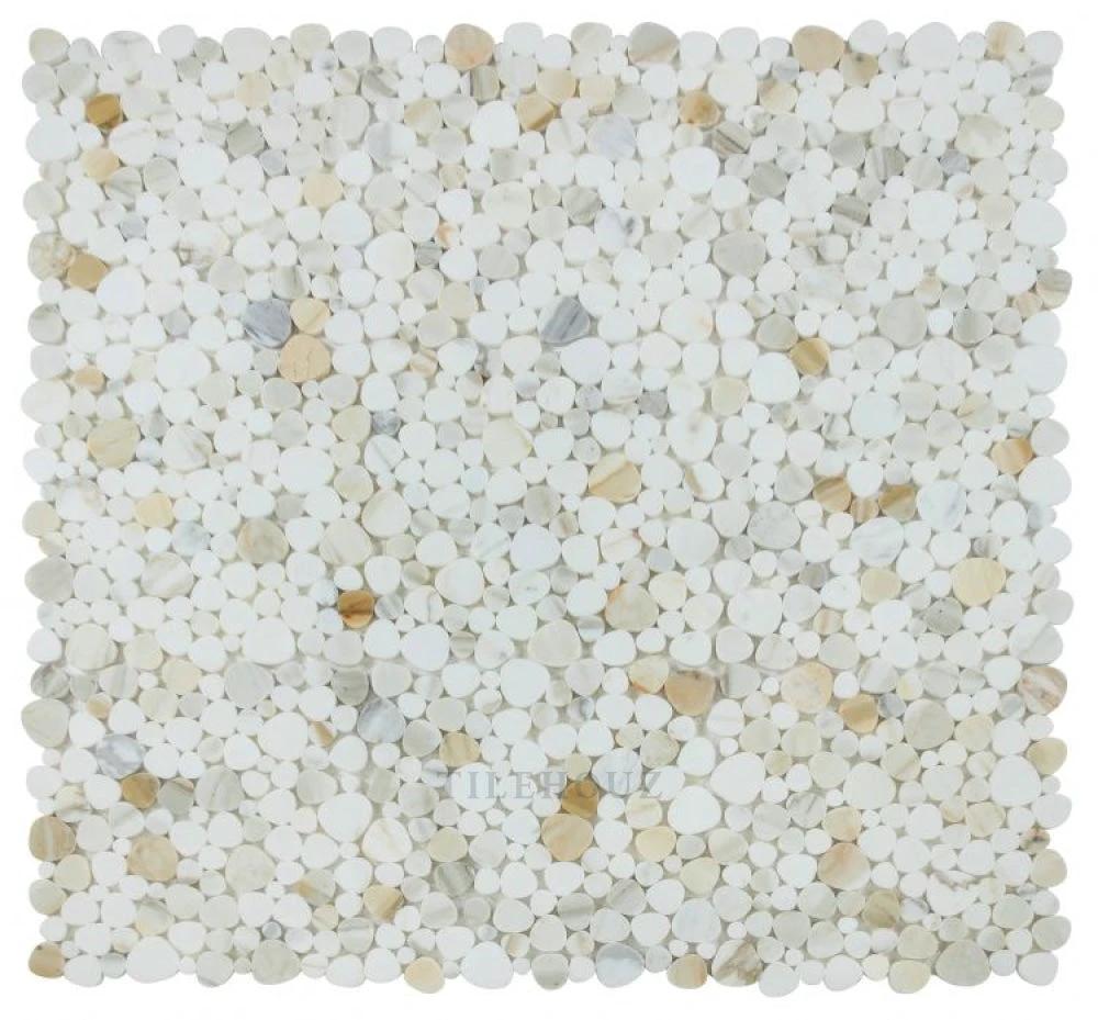 Marble mosaic tile: Aphrodite Calacatta Gold, 12x12, round white and beige pebbles by Tilehouz