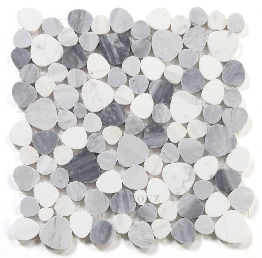 Aphrodite Calacatta Grey marble mosaic, 12x12, round white and gray pebble tiles for walls by Tilehouz