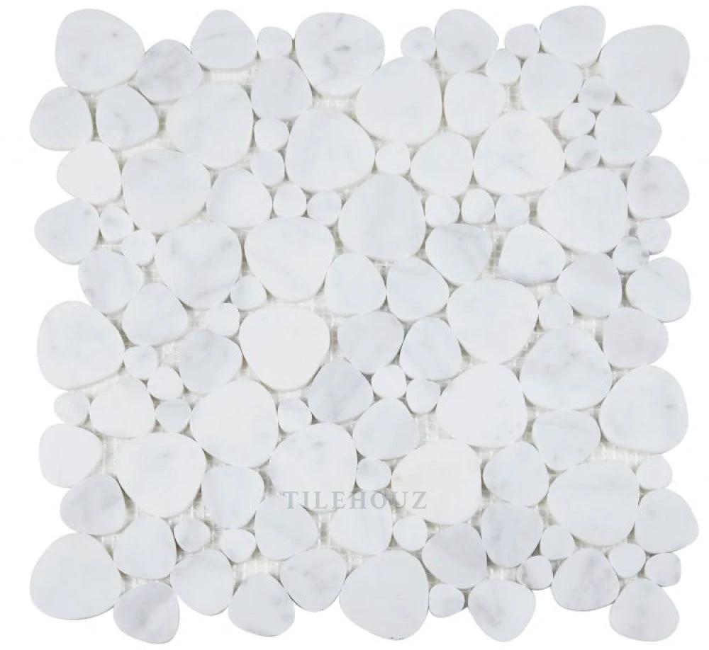 Aphrodite Carrara 12x12 white marble pebble mosaic by Tilehouz