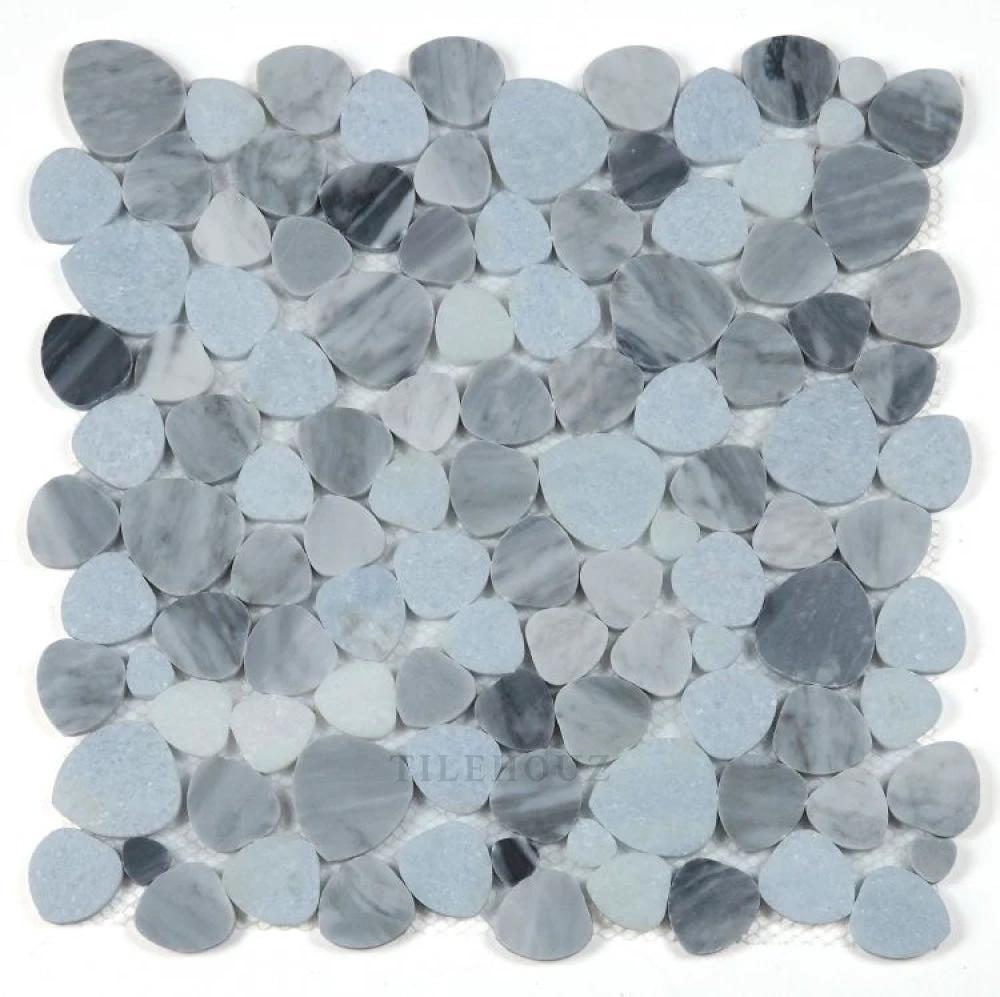 Aphrodite Cliff 12x12 marble mosaic tile sheet by Tilehouz, round gray pebble discs