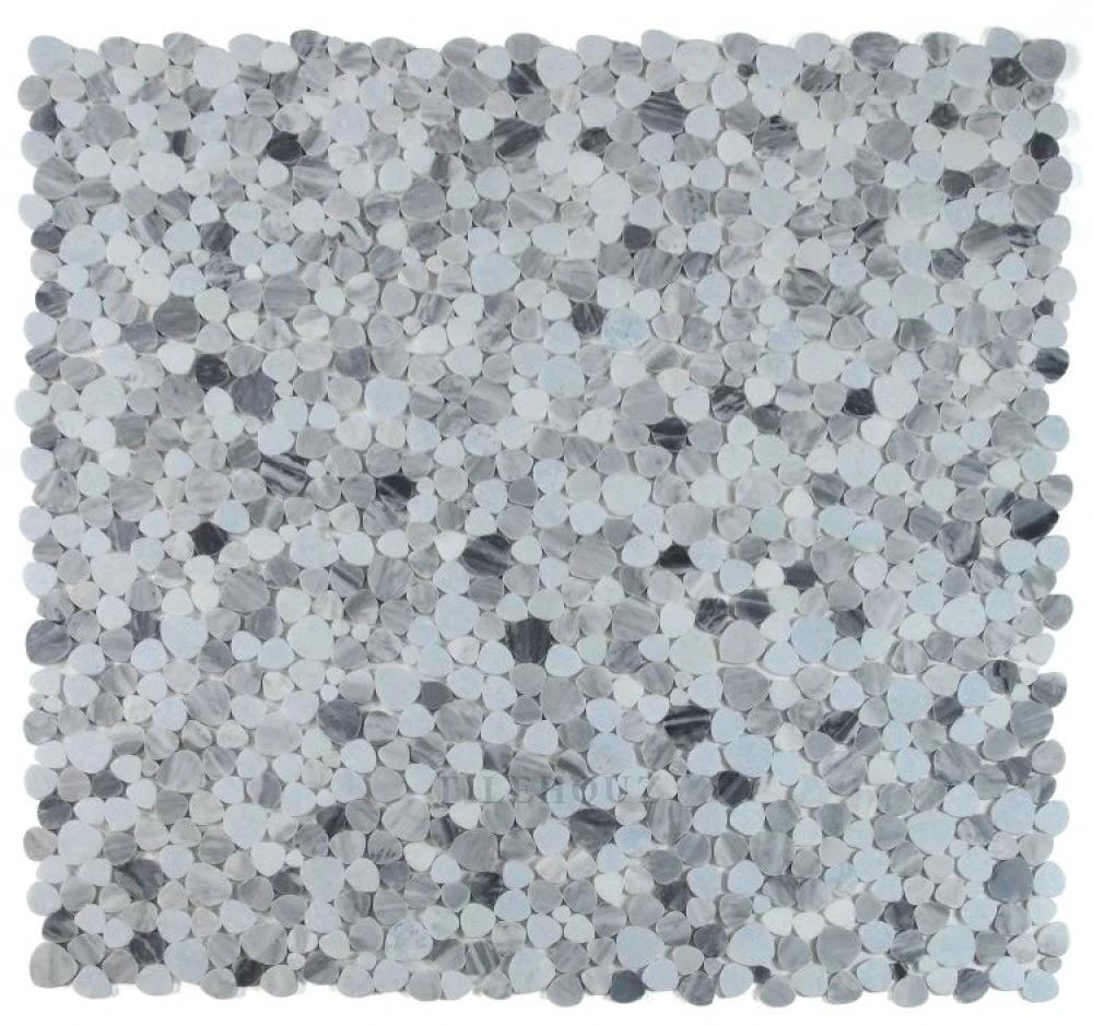 Aphrodite Cliff 12x12 marble mosaic tile; gray and white round penny-style discs for walls.
