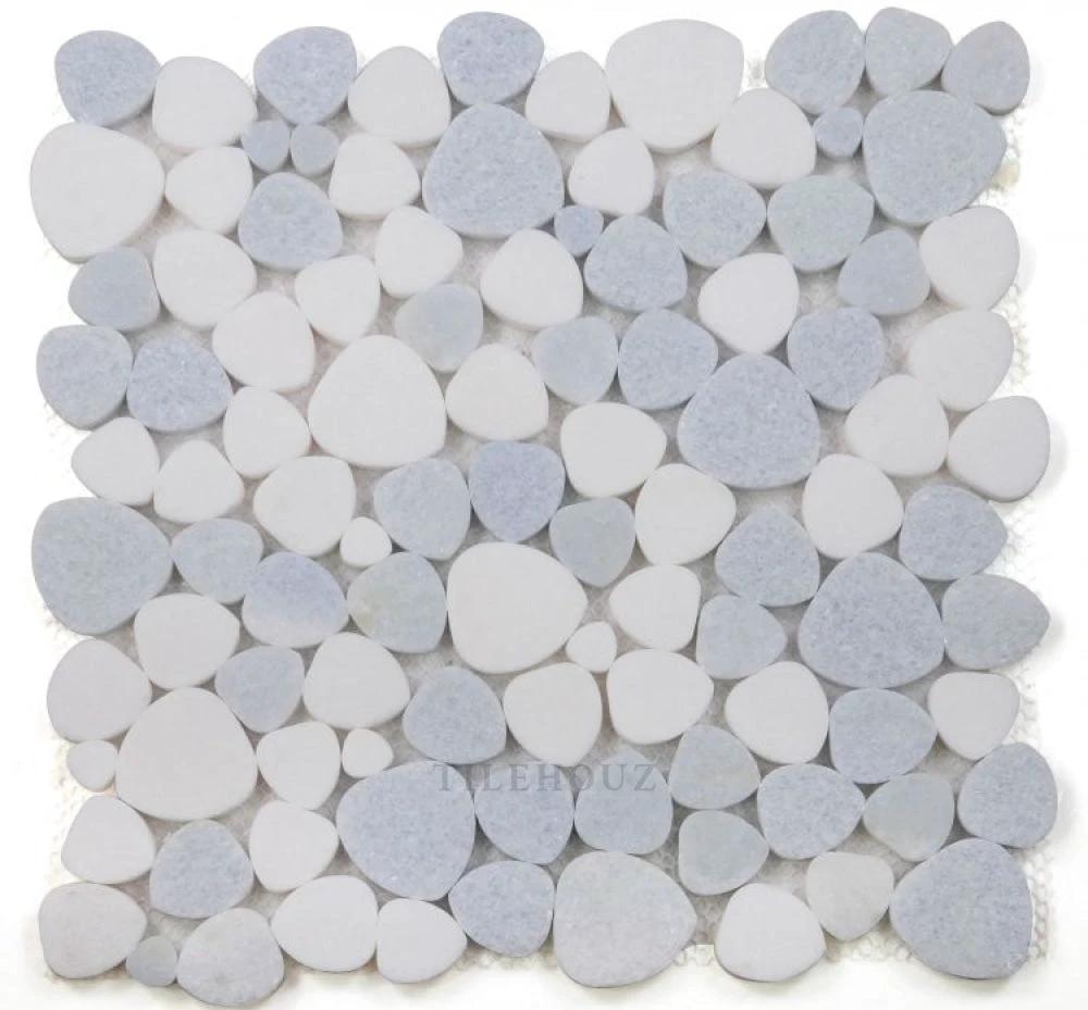 Aphrodite Crystal Ocean 12x12 marble mosaic tile with white and pale blue pebble stones by Tilehouz